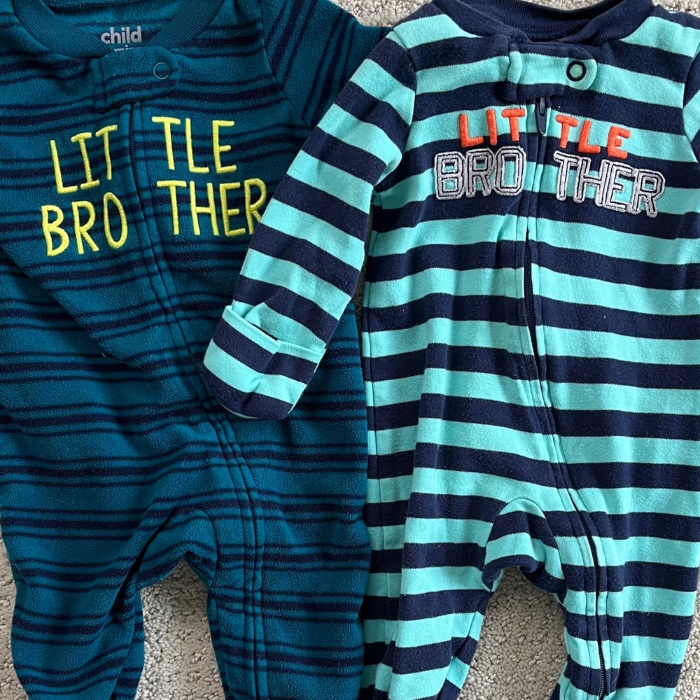 Blue and Green Striped 'Little Brother' footed pajamas sleep and play